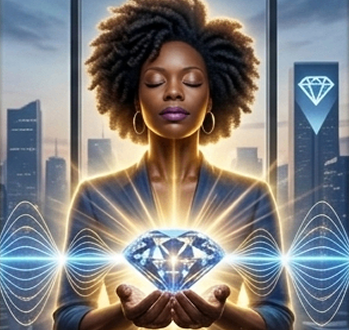 Femme tenant un diamant, avec une ville en arrière plan, symbolisant l éclat et le potentiel du coaching