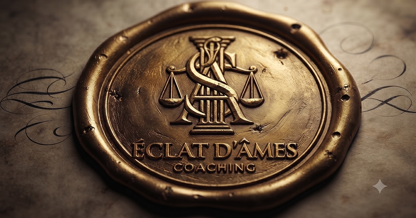 Logo du cabinet d'avocats Éclat D âmes Coaching, représentant une balance de justice stylisée sur fond sobre